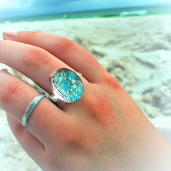 Real Turquoise Bohemian Ring Women 925 Sterling Silver Ring Statement Piece - Picture 4 of 8